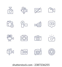 Camera icon set. Thin line icon. Editable stroke. Containing video camera, photography, camera, lens, video chat, photo, video recorder, movie camera.