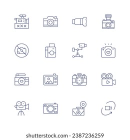 Camera icon set. Thin line icon. Editable stroke. Containing instant camera, lens, camera, photo, degree, movie camera, no photo, video.