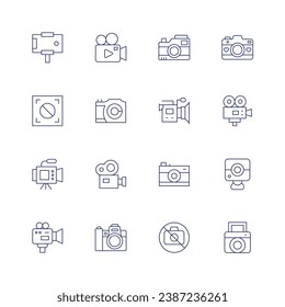 Camera icon set. Thin line icon. Editable stroke. Containing video, camera, photo, no photo, instant camera, video production, smartphone, auto focus.