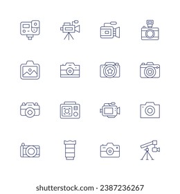 Camera icon set. Thin line icon. Editable stroke. Containing video, lens, camera, photo camera, crane, action camera, landscape.