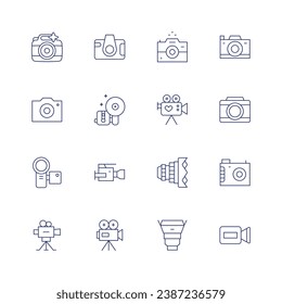 Camera icon set. Thin line icon. Editable stroke. Containing camera, video, cinema camera, film, lens, digital camera, photo.