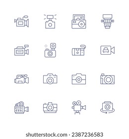 Camera icon set. Thin line icon. Editable stroke. Containing video camera, flash, photo, movie, lens, security, camera, disposable camera.