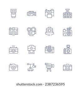 Camera icon set. Thin line icon. Editable stroke. Containing flash, video, photo, camera crane, dash cam, camera, instant camera, rotate.