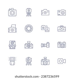 Camera icon set. Thin line icon. Editable stroke. Containing photo camera, instant camera, flash, camera, video.