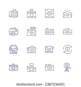 Camera icon set. Thin line icon. Editable stroke. Containing photo, camera, switch camera, camera tripod.