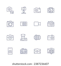 Camera icon set. Thin line icon. Editable stroke. Containing photo camera, digital camera, lens, camera, video.