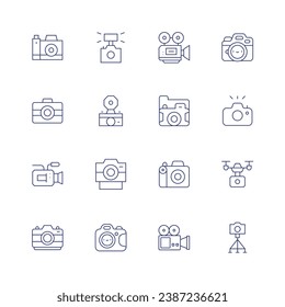 Camera icon set. Thin line icon. Editable stroke. Containing photo camera, video, flash, camera, camera drone.