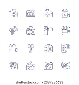 Camera icon set. Thin line icon. Editable stroke. Containing photo camera, video, tripod, live streaming, film, photography, underwater camera, camera.