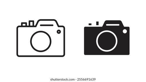 Camera icon set in Thin line black color.