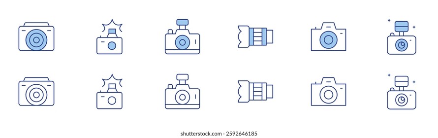 Camera icon set in two styles, Duotone and Thin Line style. Editable stroke. photo camera, camera, camera lens.