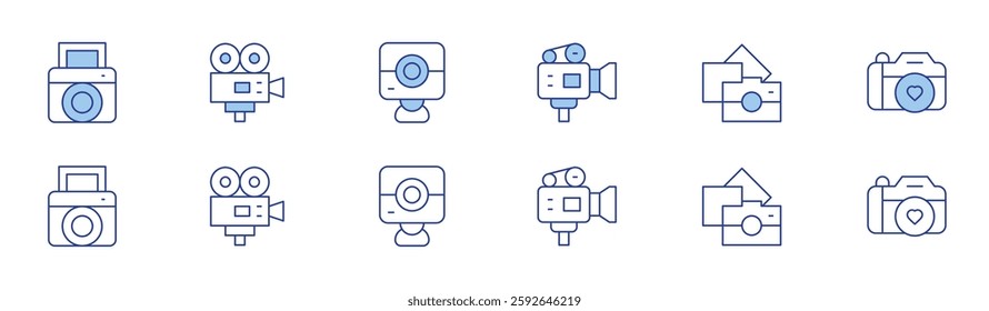 Camera icon set in two styles, Duotone and Thin Line style. Editable stroke. instant camera, video production, camera, film, photography, photo camera.