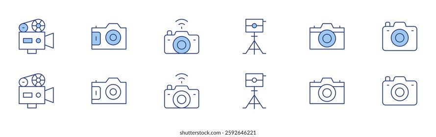 Camera icon set in two styles, Duotone and Thin Line style. Editable stroke. movie camera, camera, camera tripod.