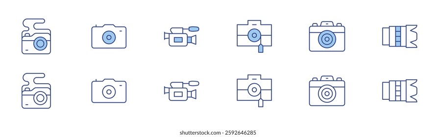 Camera icon set in two styles, Duotone and Thin Line style. Editable stroke. camera, video camera, camera lens.