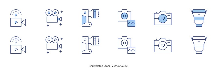 Camera icon set in two styles, Duotone and Thin Line style. Editable stroke. camera, photo camera, camera lens, live streaming, film, photography.