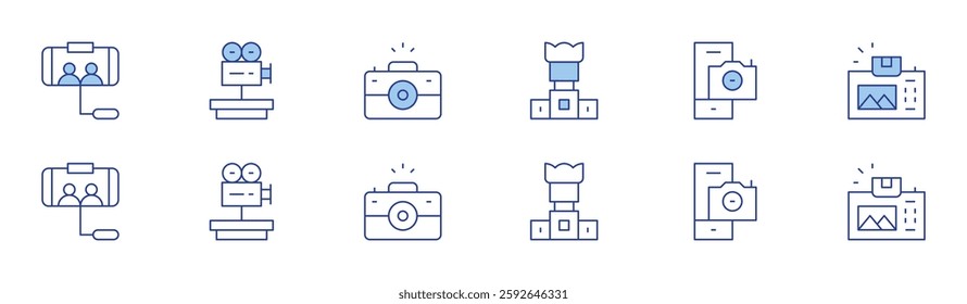 Camera icon set in two styles, Duotone and Thin Line style. Editable stroke. camera, movie camera, camera lens.