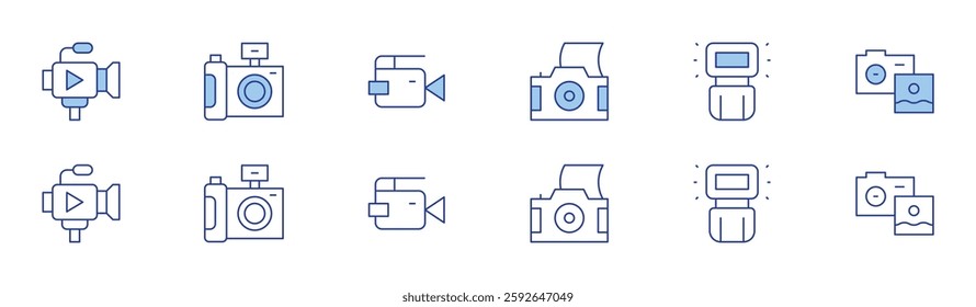 Camera icon set in two styles, Duotone and Thin Line style. Editable stroke. camera, camera flash, video, photo.