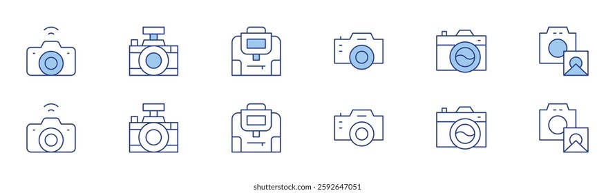 Camera icon set in two styles, Duotone and Thin Line style. Editable stroke. digital, camera bag, photo.