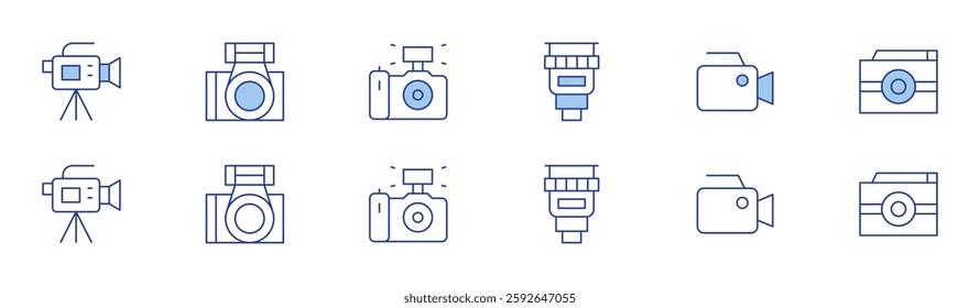 Camera icon set in two styles, Duotone and Thin Line style. Editable stroke. camera lens, camera, video, photo.