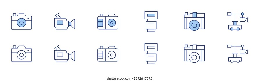 Camera icon set in two styles, Duotone and Thin Line style. Editable stroke. camera flash, camera crane, video.