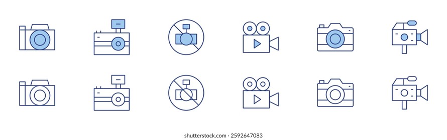 Camera icon set in two styles, Duotone and Thin Line style. Editable stroke. camera, flash, video, no camera.