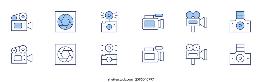 Camera icon set in two styles, Duotone and Thin Line style. Editable stroke. video camera, camera shutter, camera.