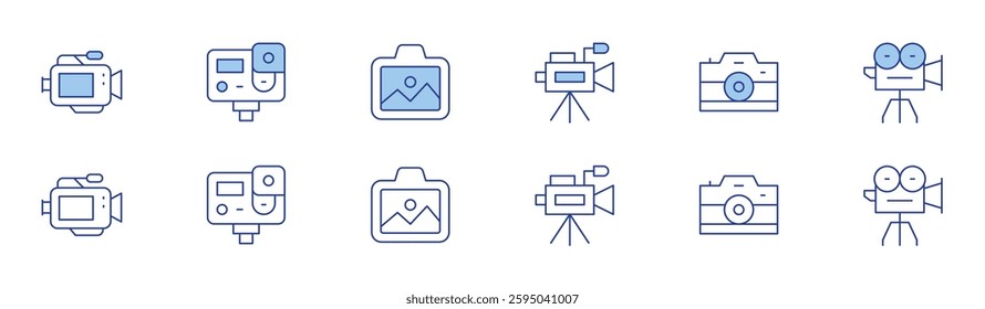 Camera icon set in two styles, Duotone and Thin Line style. Editable stroke. video camera, camera, action camera, landscape.