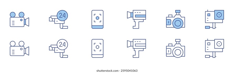 Camera icon set in two styles, Duotone and Thin Line style. Editable stroke. video camera, cctv, mobile phone, super, photography, action camera.