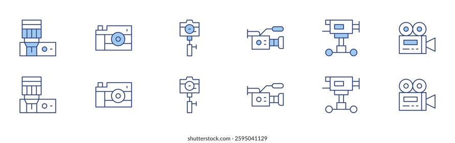 Camera icon set in two styles, Duotone and Thin Line style. Editable stroke. camera, photo, crane, video.