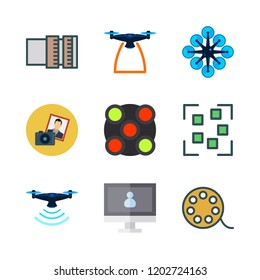 camera icon set. vector set about movie, focus, photo camera and lens icons set.