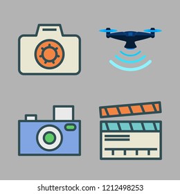 camera icon set. vector set about clapperboard, photo camera and drone icons set.