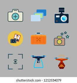camera icon set. vector set about drone, focus, depth perception and drone case icons set.