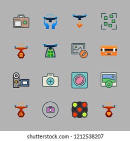 camera icon set. vector set about drone case, focus, camcorder and ar camera icons set.