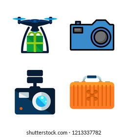 camera icon set. vector set about drone, drone case and photo camera icons set.