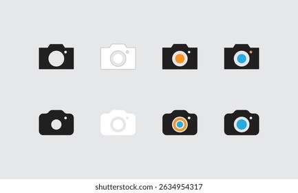 Camera Icon Set Vector Art and Illustration. These icons convey clarity, focus, and creativity. The balance of simplicity and color makes them suitable for both professional and playful use.