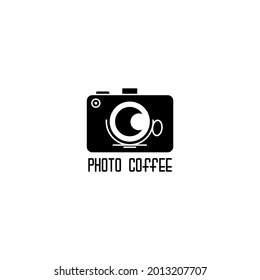camera icon silhouette with black coffee cup shaped lens, icon and logo
