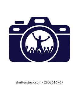 Camera icon with silhouette of a man and crowd inside the lens on white