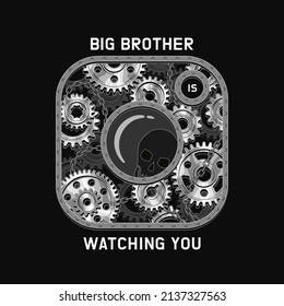 Camera icon of social media in vintage style with black, silver steel gears, metal rail, rivets, text.  Big brother is watching. Concept of global supervision through social media, internet