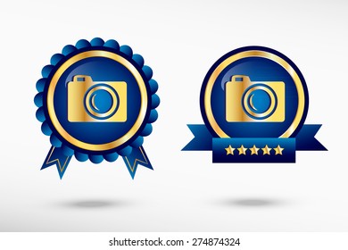 Camera icon. Stylish quality guarantee badges. Blue colorful Promotional Labels