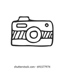 Camera icon. The symbol is drawn in sketch style. Isolated vector icon on white background