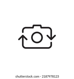 camera icon, symbol with two rotating arrows, simple lines on white background, for apps, web.