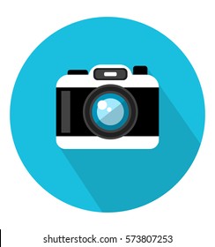 Camera icon in trendy flat style. Flat design in stylish colors. Isolated. Long Shadow. Simple circle icon. EPS10.