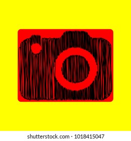 Camera icon. Vector. Black scribble icon in red container with rounded corners at yellow background. Isolated.