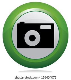 Camera icon, vector design. Isolated creative green round button illustration. 