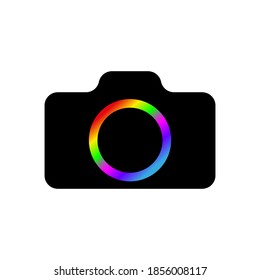 Camera icon. Camera vector icon in flat style. Camera icon with colored lens. Icon isolated. Vector illustration.