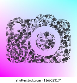 Camera icon. Vector. Gray icon with bubbled texture at color background with pink and sky blue corners.