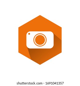 Camera icon vector with a orange hexagon background 