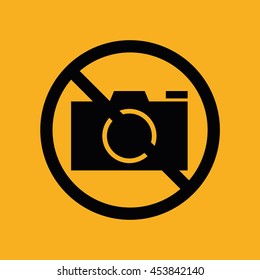 Camera icon vector. Prohibition sign. Yellow background