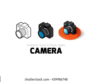 Camera icon, vector symbol in flat, outline and isometric style