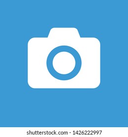 Camera icon white color on blue background. Picture flat isolated symbol. Zoom retro object. EPS 10