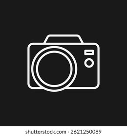 Camera Icon White Outline on Black Background with Clean Lines and Modern Vector Style